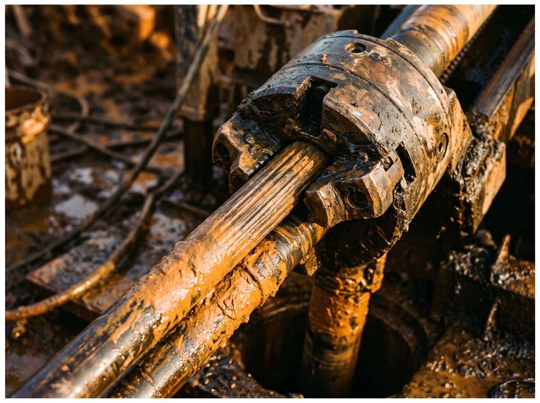 Close-up of a rotary drill chuck and rods on site